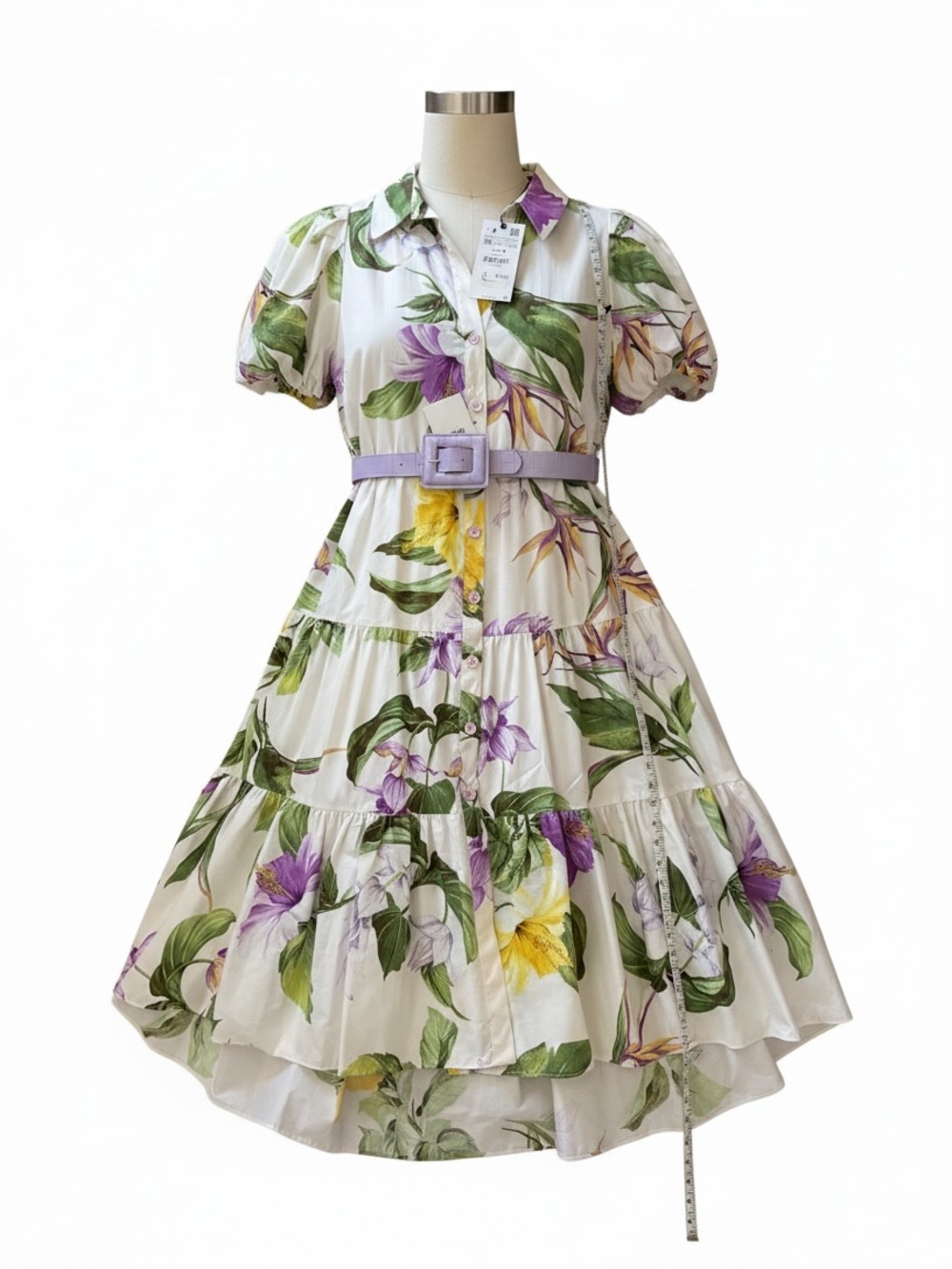 Zara White Floral Midi Dress with Belt